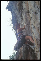 Kim Gibbs climbing "Gengis Bond" (6b) at the Keep