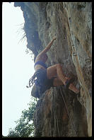 Kim Gibbs climbing "Gengis Bond" (6b) at the Keep