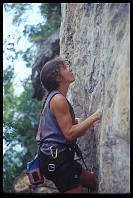 Sheryl Lehman climbing "Nut Cracker" (6c), at the Keep