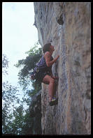 Sheryl Lehman climbing "Nut Cracker" (6c), at the Keep