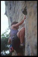 Sheryl Lehman climbing "Nut Cracker" (6c), at the Keep