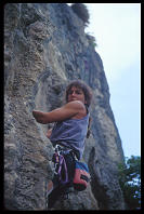 Sheryl Lehman climbing "Getting to Know You" (7a) at the Thaiwand Wall