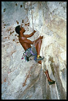 Darryl Jones climbing "Monkey Gone to Heaven" (6b) at Defile Exit