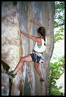 Sheryl Lehman climbing "Fried Rice with Chicken" (7a) at Defile Exit