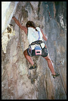 Sheryl Lehman climbing "Monkey Gone to Heaven" (6b) at Defile Exit