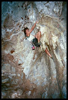 Sheryl Lehman climbing "Monkey Gone to Heaven" (6b) at Defile Exit