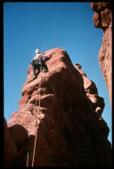 David Benson leading third pitch of Ancient Art, Fisher Towers, Moab, Utah