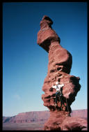 David Benson at the base of the summit tower of Ancient Art, Fisher Towers, Moab, Utah