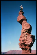 David Benson on the summit tower of Ancient Art, Fisher Towers, Moab, Utah