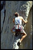 Steve Angelini leading Red Tail (5.11b). City of Rocks, Idaho