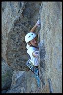 Fred Wiggins leading an uname route (5.10c) at the City of Rocks. Idaho