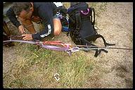 Dennis Maher using a z-pulley to tighten the rope across the river. Boulder Canyon, Colorado